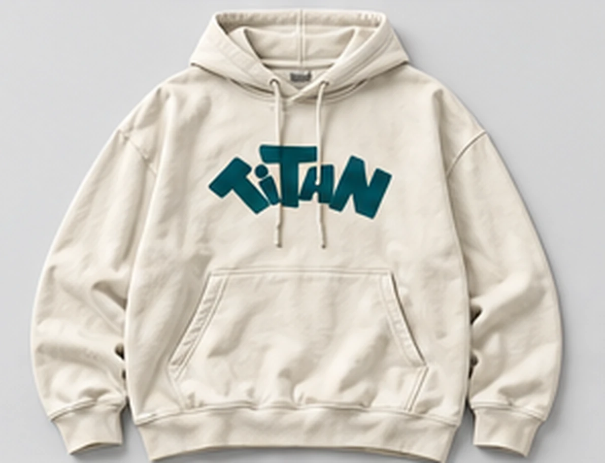 Heavyweight Pullover Hoodie in bone, front: fanned TiTAN wordmark across the chest in petrol. Concept preview.
