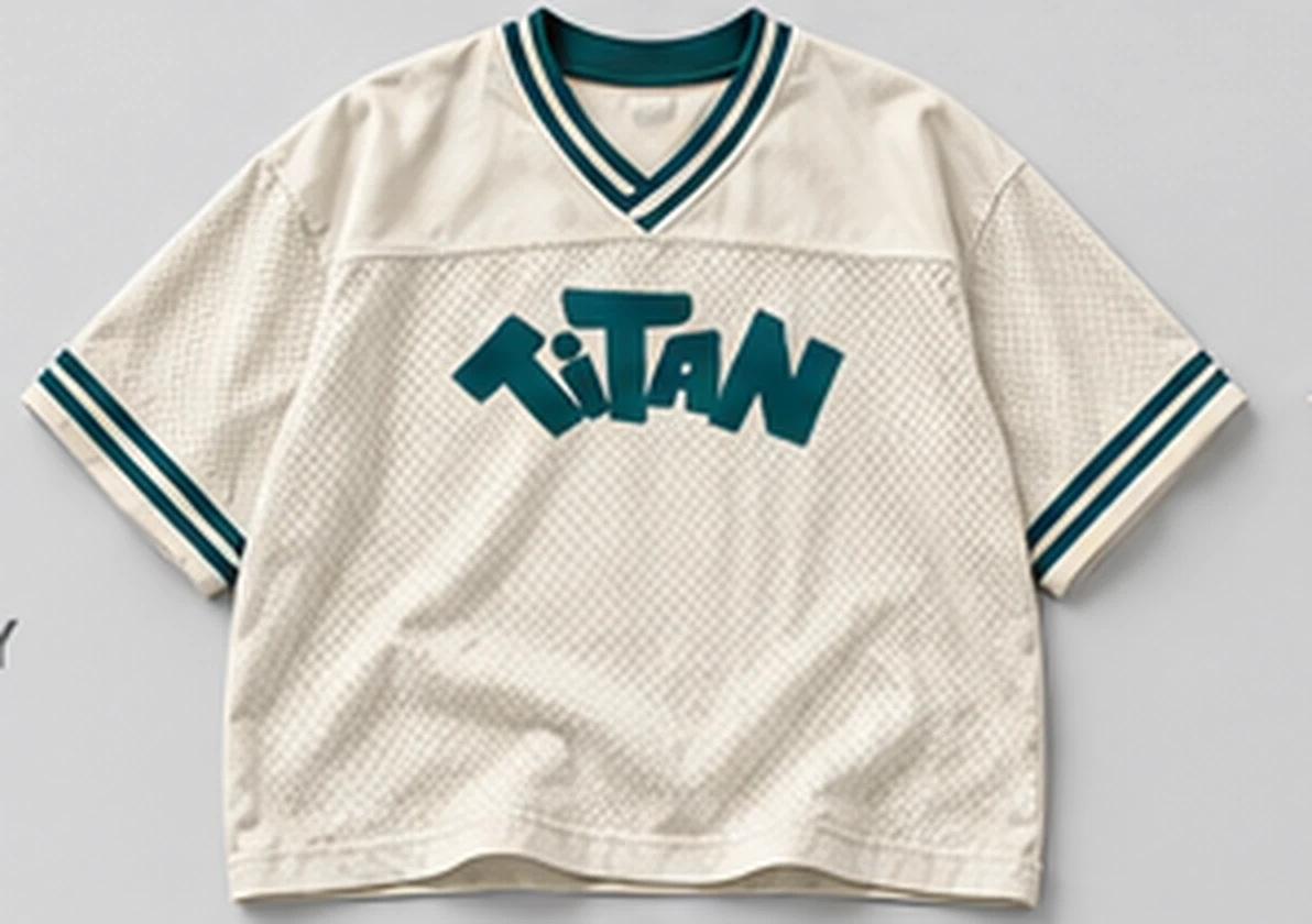 Boxy V-Neck Football Jersey in bone, front: fanned TiTAN wordmark across the chest in petrol. Concept preview.