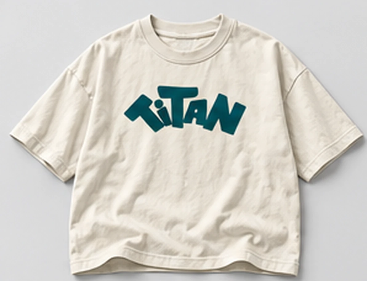 Oversized Heavyweight Tee in bone, front: fanned TiTAN wordmark across the chest in petrol. Concept preview.