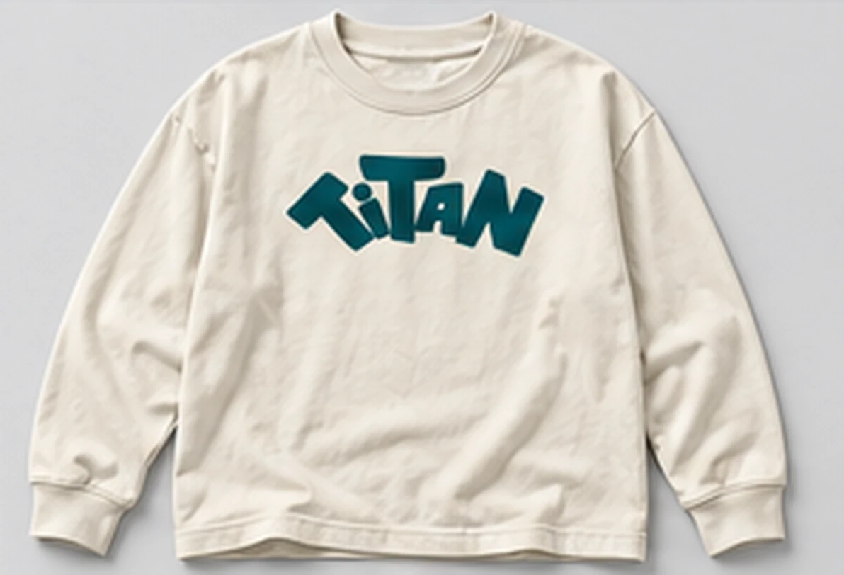 Relaxed Long-Sleeve Tee in bone, front: fanned TiTAN wordmark across the chest in petrol. Concept preview.